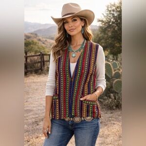 Vintage 1970s Ample Togs Mexican-Inspired Multicolored Boho Tunic Vest Rainbow